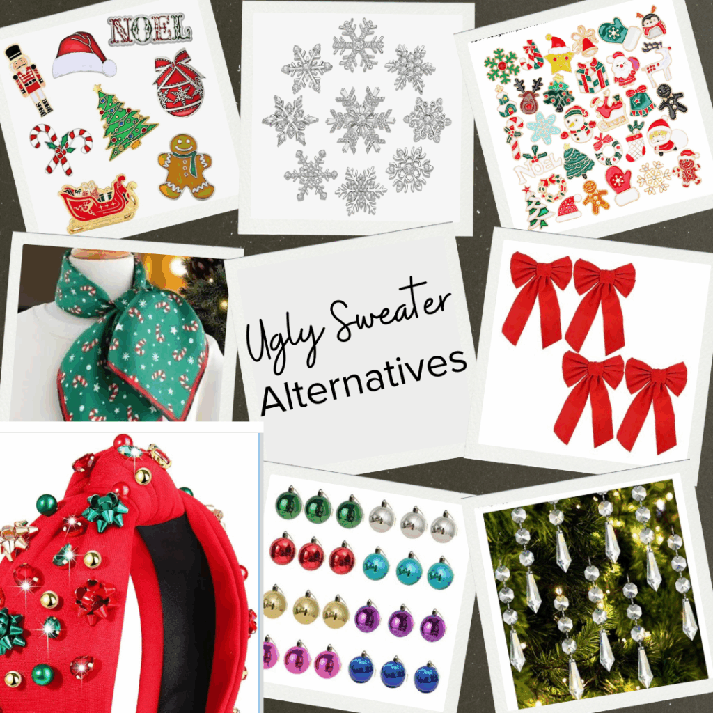 Ugly sweater alternatives for women over 50 shown in a collage of festive accessories: brooches, bows, ornaments, patches, a holiday scarf, and decorative headbands