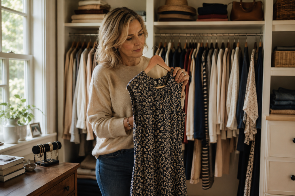 Woman over 50 holding a dress in her closet and reflecting on why she has kept it for years.